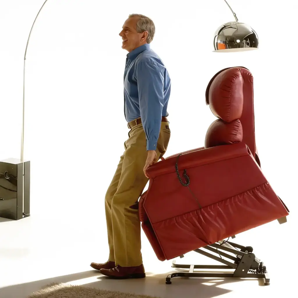 Älterer Herr, der die Aufstehfunktion unseres Ruhesessels Landshut nutzt